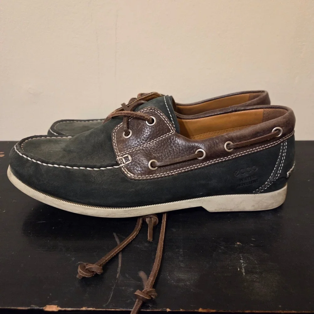 Ecco Mens Water Repellent Suede Leather‎ Boat Shoes Navy Brown Size 42